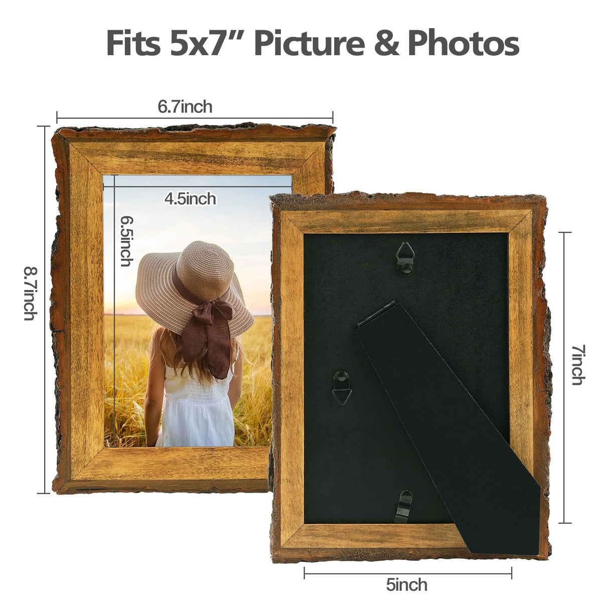 5x7 Picture Frame Rustic Brown, Solid Wood Picture Frame with Bark Edges & Real Glass Cover, Display Pictures/Photos/Prints 5 x 7 for Wall Mounting, Farmhouse Decor Golden State Art