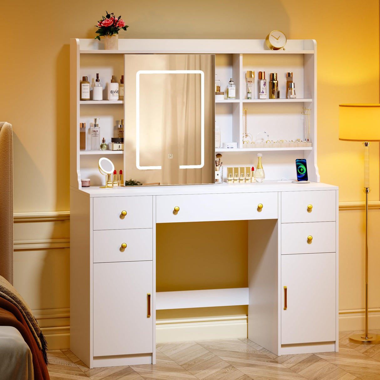 HUAHUU Vanity Desk with Mirror and Lights, Vanity Desk with Sliding LED Mirror, Makeup Vanity with Adjustable 3 Lights Modes, White Vanity with 5 Drawers & 2 Storage Cabinet, for Bedroom HUAHUU