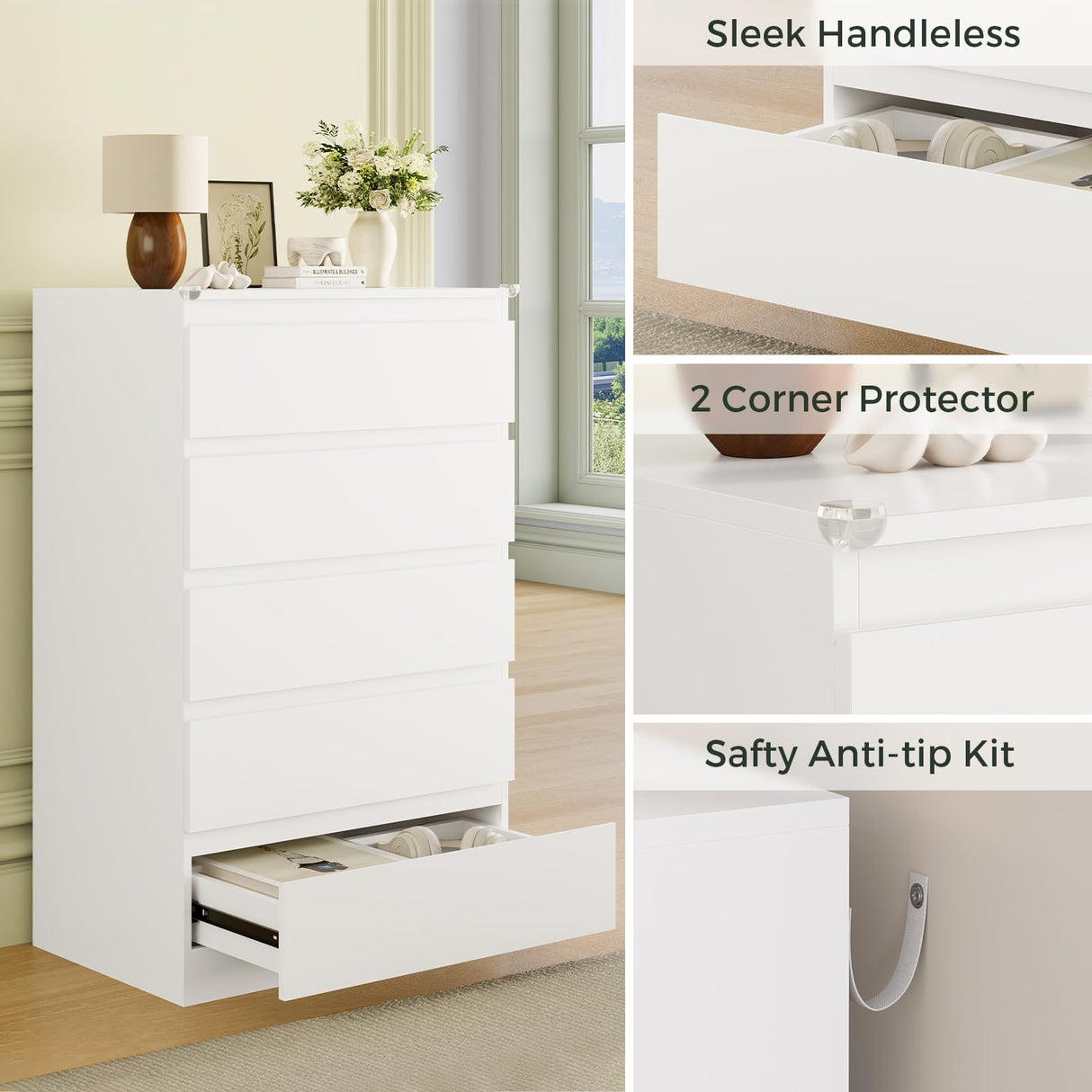 OtterOasis White Wood Dresser for Bedroom, 5 Drawer for Clothes Storage, Modern Dresser with Wide Drawers, Wide Wooden Chest Drawers for Living Room, Entryway, TV Stand OtterOasis