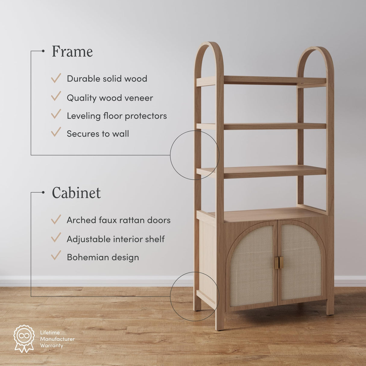 Nathan James Paxton Mid-Century Modern Arched Bookshelf Cabinet with Solid Wood Frame and Rattan Base, Raw Oak Nathan James