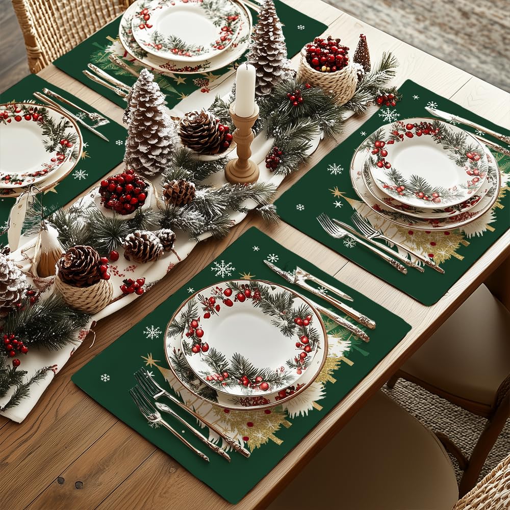 GEEORY Christmas Placemats 12x18 Inch Set of 4, Xmas Trees Snowflakes Winter Seasonal Holiday Farmhouse Kitchen Dining Table Decoration for Indoor Outdoor Dinner Party Décor (Green) GP127-18 GEEORY