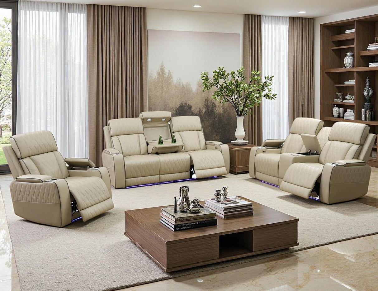 Toseslo Power Recliner Sofa Set with Drop-Down Table, 3-Piece Leather Reclining Sofa Sectional Couches, Living Room Furniture Sets, Reclining Sofa with Cup Holders/Storage Console for House(Beige) Toseslo