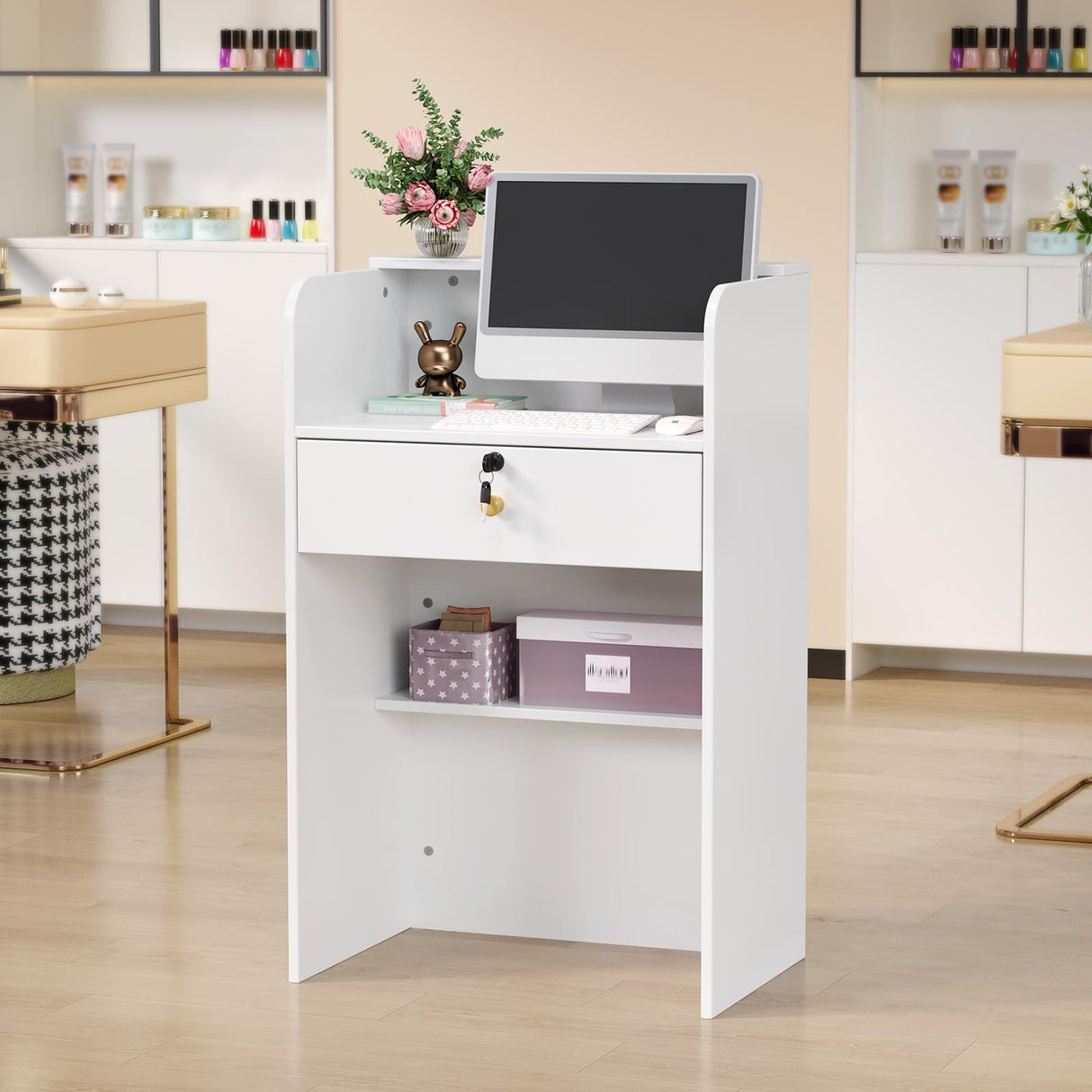 OmySalon Reception Desk with Counter, Small Front Desk w/Lockable Drawer, Wooden Modern Reception Table for Salon Lobby Office Home (White, 24) OmySalon