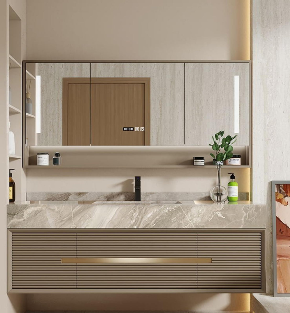 Bathroom Cabinet Vanity, 60" Bathroom Vanity with Sink, Floating Single Sink Vanity for Bathrooms, Solid Wood Luxury Vanities with Smart Anti-Fog Mirror Medicine Cabinet & Marble Countertop, (Gold) LUTHXAY