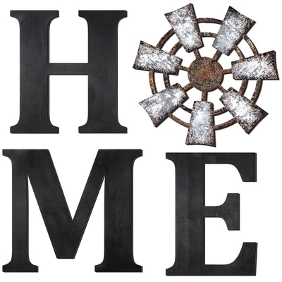 4 Pieces Rustic Home Decor Wooden Home Letters for Wall Windmill Wall Decor Farmhouse Wall Home Sign Brown Home Hanging Wood Sign Farmhouse Decor for Living Room Kitchen Bedroom Front Porch (Black)