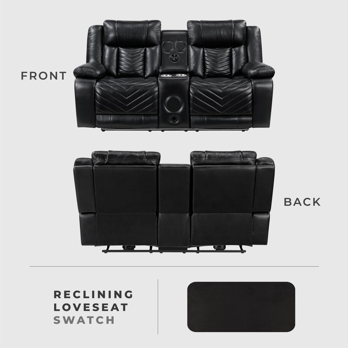 Lexicon Wall Hugger Power Double Reclining Loveseat with Console, Faux Leather Home Theater Seating with LED Lighting, Charging Ports, Bluetooth Speaker Wireless, Cup Holders, Hidden Storage, Black Lexicon