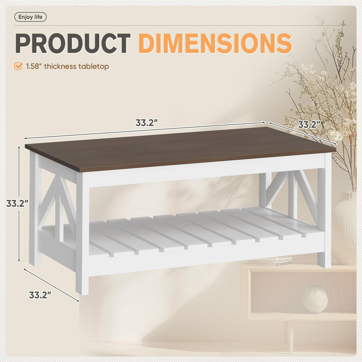 YESHOMY Farmhouse Coffee Table, Wood Square Open Storage Compartment for Living Room, Brown and White YESHOMY