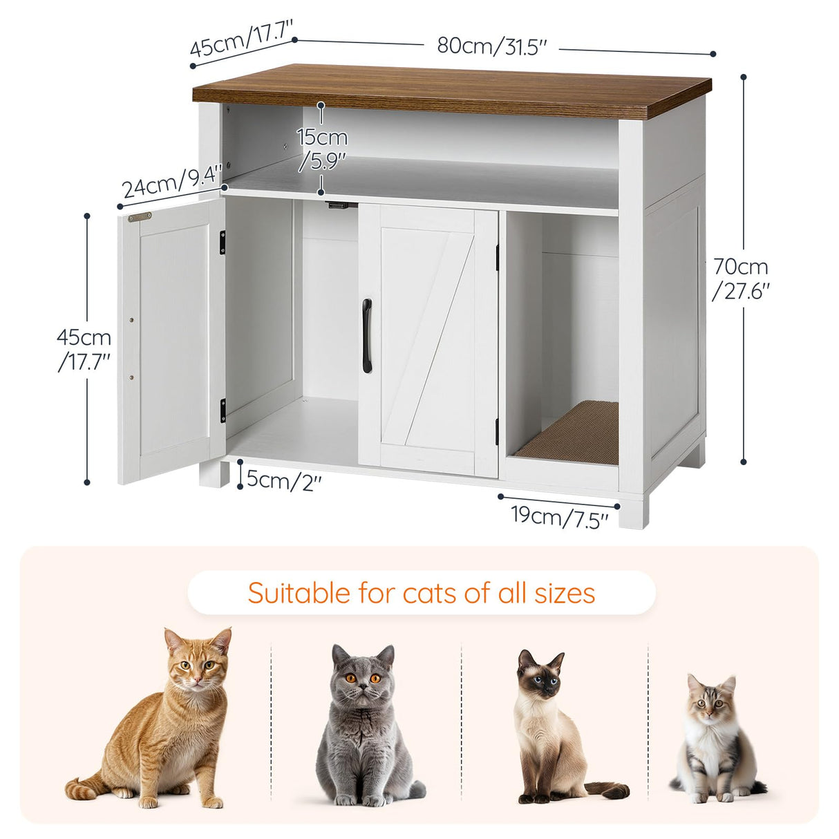 HOOBRO Cat Litter Box Enclosure, Farmhouse Wooden Cat Furniture with Scratch Pad, Storage Layer, Litter Box Furniture, End Side Table,White and Walnut, WH24MW01 HOOBRO