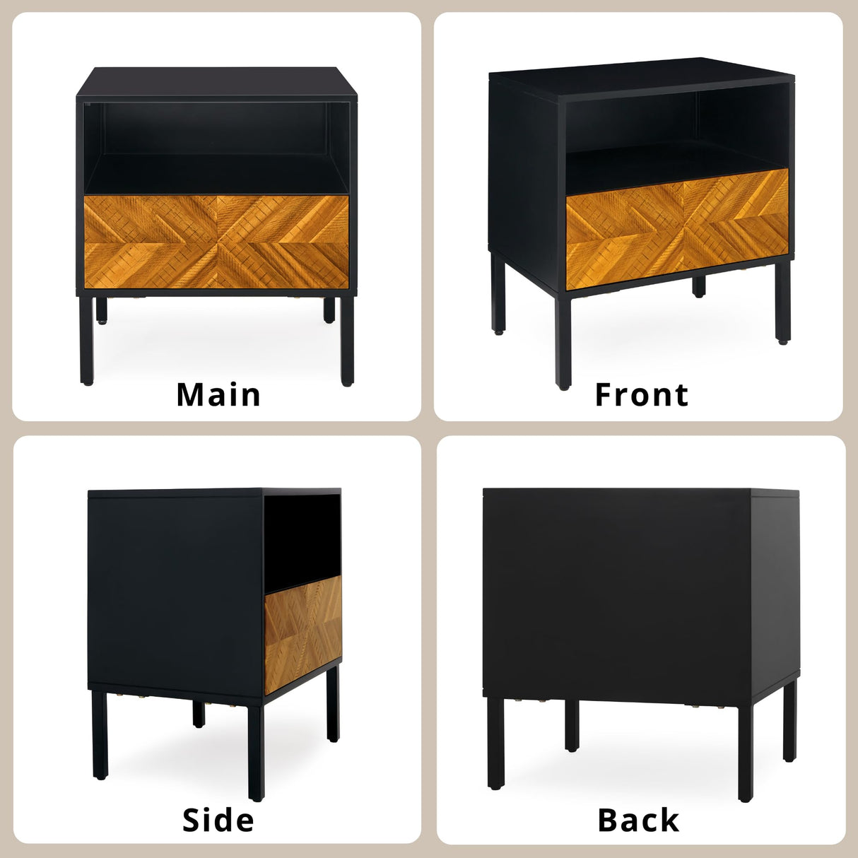 Bme Vivian Solid Wood Nightstand, End Table, Bedside Table with Herringbone Pattern for Rustic Bedroom, Easy Assembly, Rustic Golden Brown and Black Bme