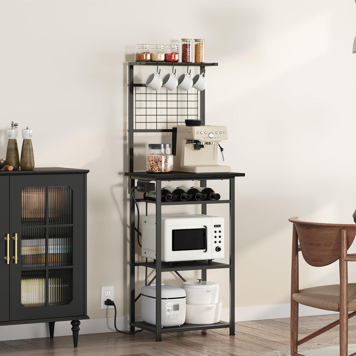 MAHANCRIS Bakers Rack with Power Outlet, Coffee Bar Station with Wine Rack, Bakers Racks for Small Spaces, Microwave Stand for Kitchen, Black BRBK23E01 MAHANCRIS