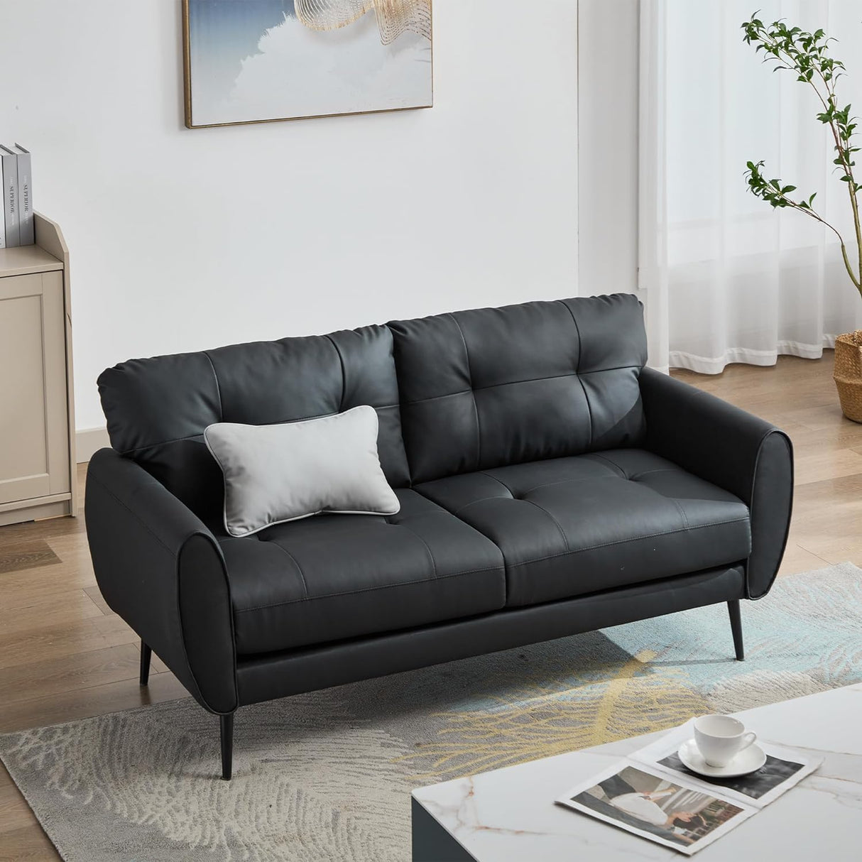 Sofa Couch 61" Small Loveseat Couches for Living Room, Black Faux Leather Couch Mid Century Modern Tufted Mini Sofa Comfy Office 2 Seat Settee Love Seat Small Couches for Small Spaces Bedroom TYBOATLE