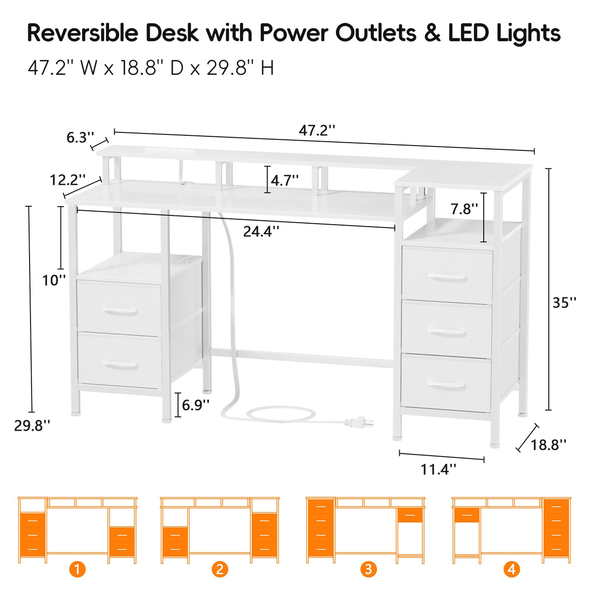 Korfile White Computer Desk with Power Outlets & LED Lights, Reversible Gaming Desk with 5 Fabric Storage Drawers, 47" Home Office Desk with Monitor Stand Shelves for Working, Vanity Table for Bedroom Korfile