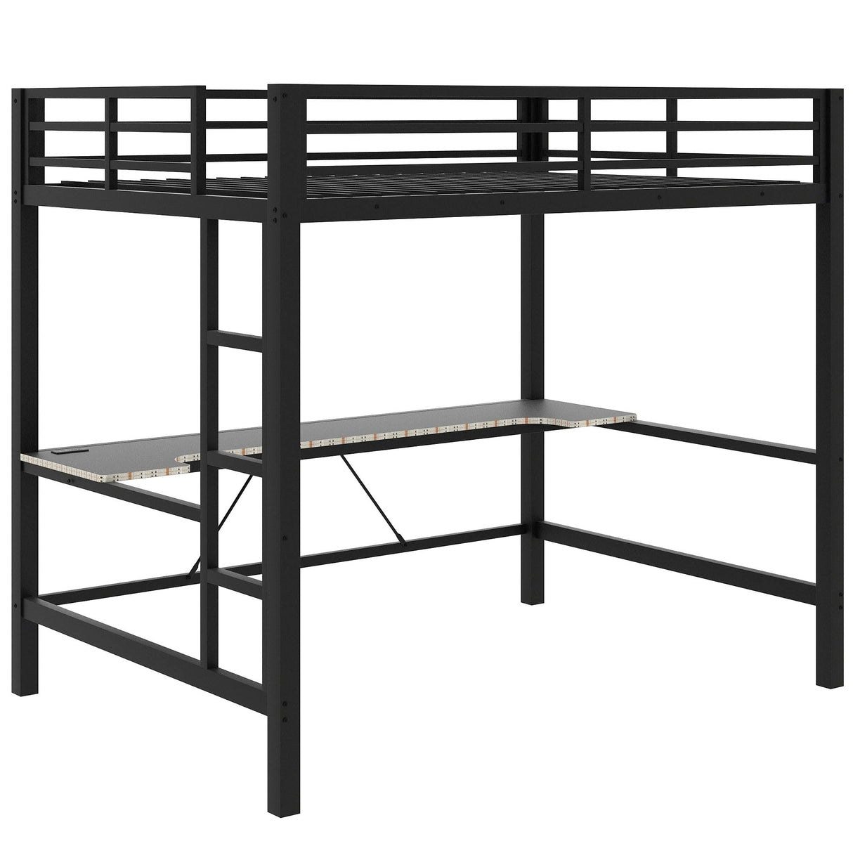 SOFTSEA Full Gaming Loft Bed with Desk & LED Lights, Heavy-Duty Metal Loft Bed with USB Charging Stations, Full Size Gaming Bed with Guardrails for Adults Kids Teens, Easy Assembly, Black SOFTSEA