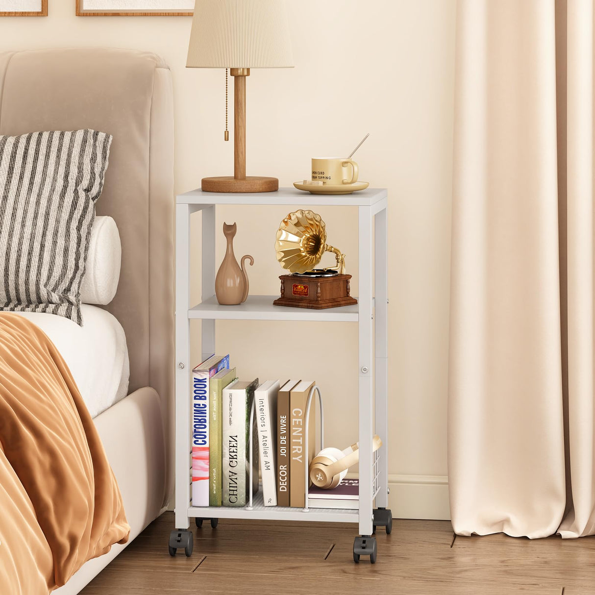 Kalrin Small Side Table, 3 Tier Moveable Small End Table, Record Player Stand with Records Shelf, Tall Nightstand for Bedroom, Living Room, Sofa, Office, Bathroom (Pure White) Kalrin