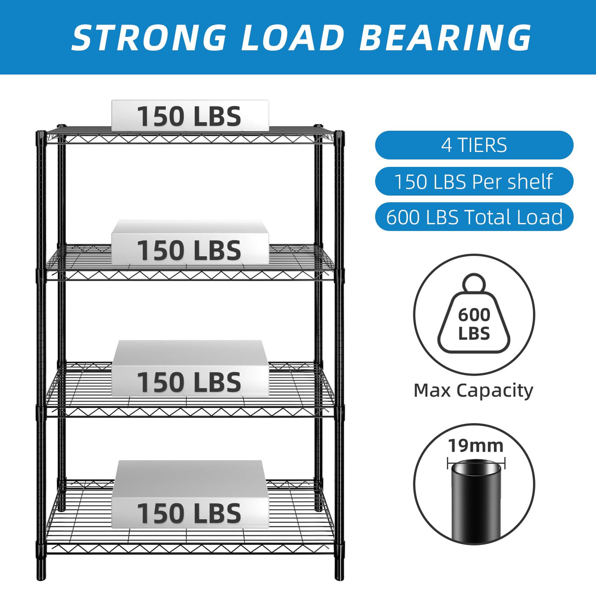 Guan River 4-Shelf Adjustable Metal Shelf Wire Shelving Unit Storage Rack Display Shelf for Office,Kitchen,Bedroom,Bathroom,Laundry,Pantry Basement,Garage(Black,36" L x 14" W x 54" H) Guan River