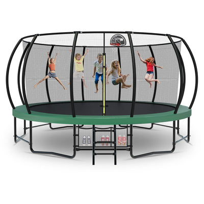 Tatub 16FT Upgrade Trampoline for Kids and Adults, Outdoor Recreational Trampolines with Basketball Hoop & Enclosure Net, Curved Poles & Storage Bag, Pumpkin Trampoline Capacity for 6-8, Green