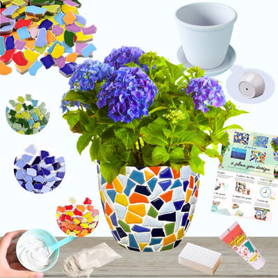 jiezaidada DIY Mosaic Planter Kit – All-in-One Ceramic Tile Craft for Beginners, Home Décor Pot with Drainage & Tray, Great for Creative Hobbies, Gifts, or Family Projects