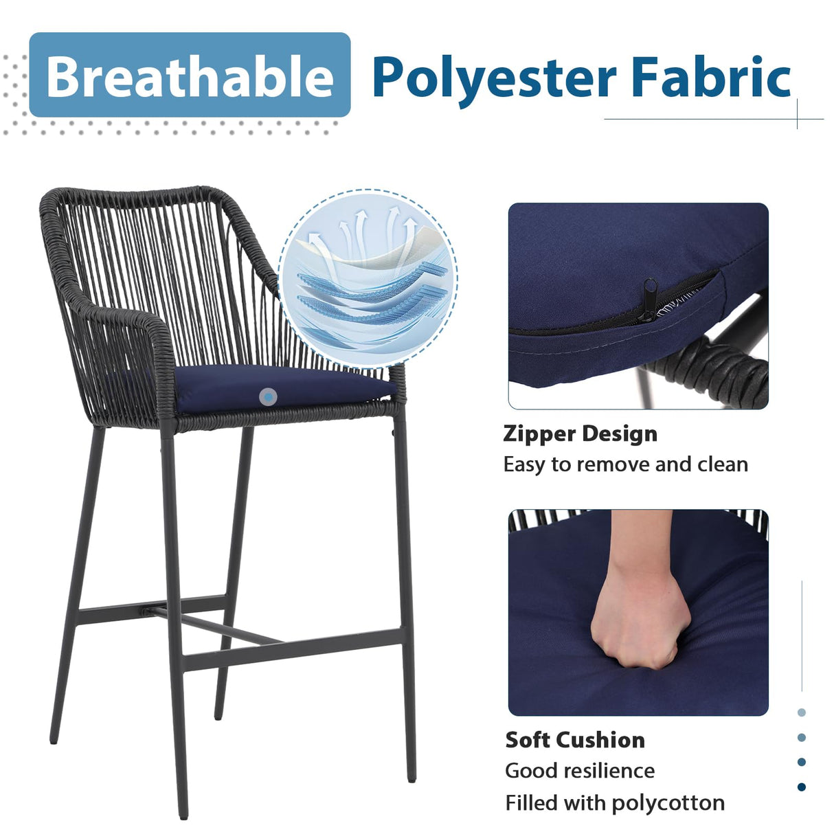 JOIVI 5-Piece Patio Bar Dining Set, Bar Height Outdoor Table and Chairs Set with 4 Bar Stools, Cushions & 41" Table for Patio, Poolside, Backyard, Bar Table Set, Tempered Glass Tabletop, Blue JOIVI