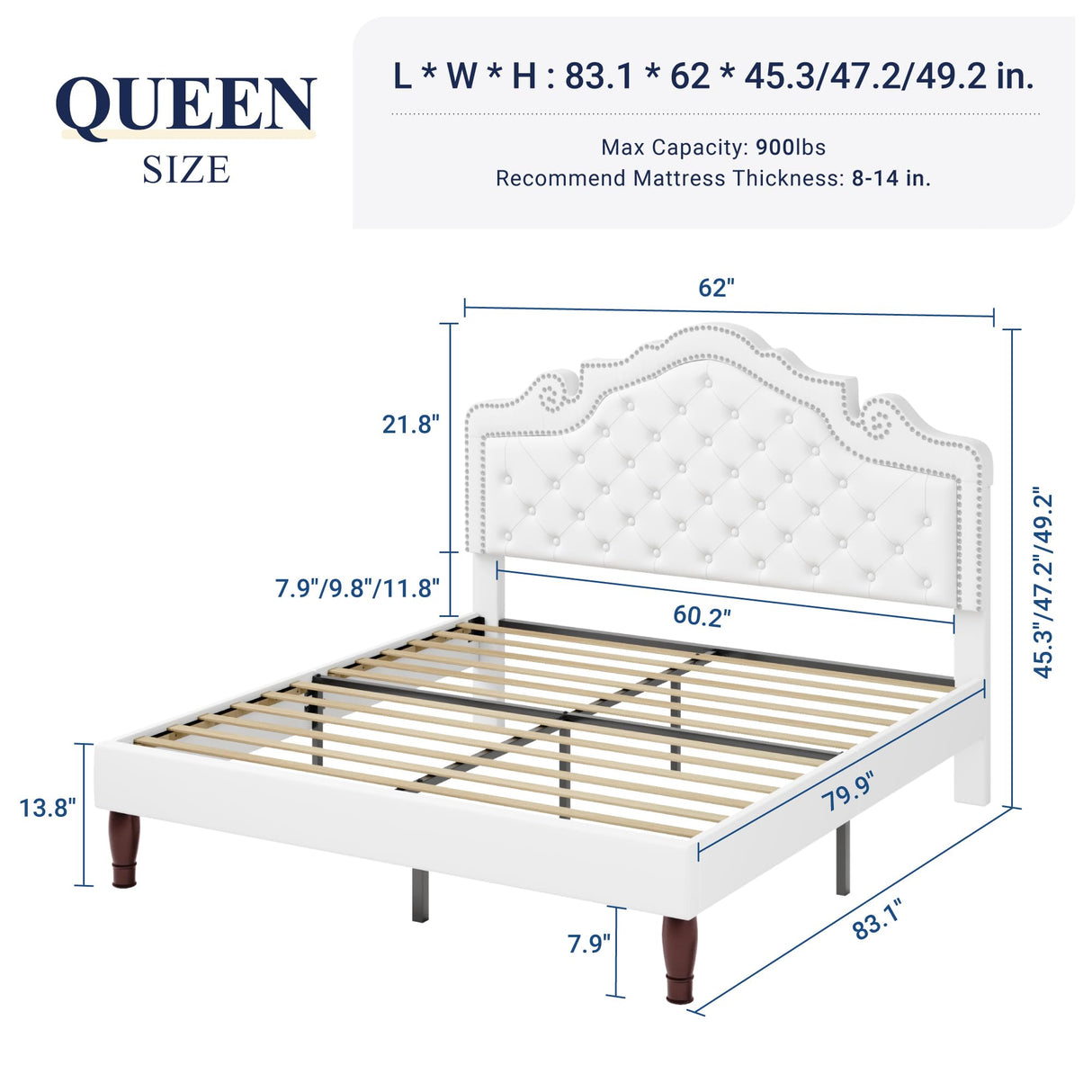 Allewie Queen Bed Frame with Adjustable Velvet Tiara Headboard, Upholstered Diamond Button Tufted Platform Bed, Wood Slats Support, No Box Spring Needed, Mattress Foundation, Easy Assembly, White Allewie