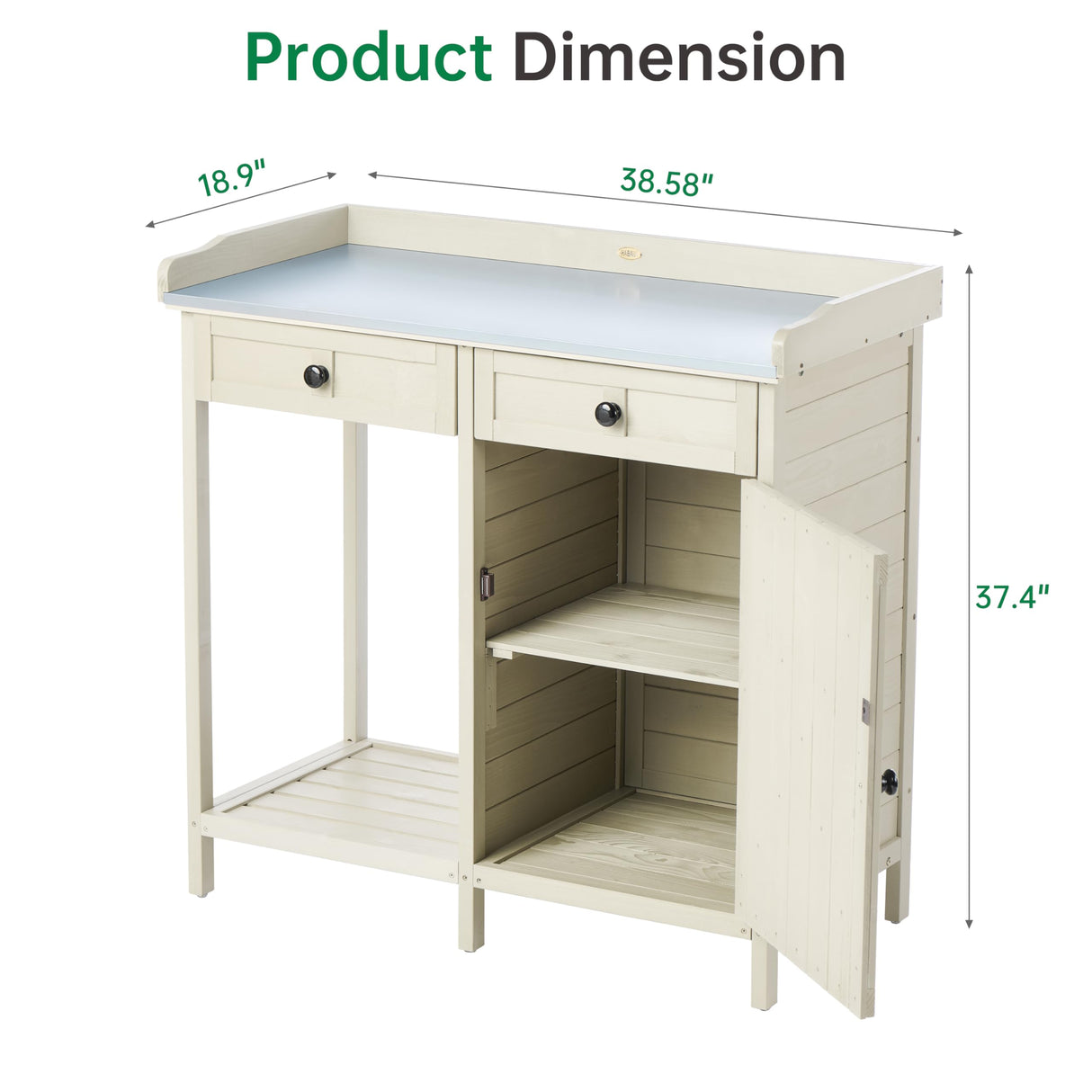 Outdoor Potting Bench with Storage Cabinet & Metal Tabletop, Garden Work Table, Wood Planting Workstation for Patio, w/Drawer HABAU