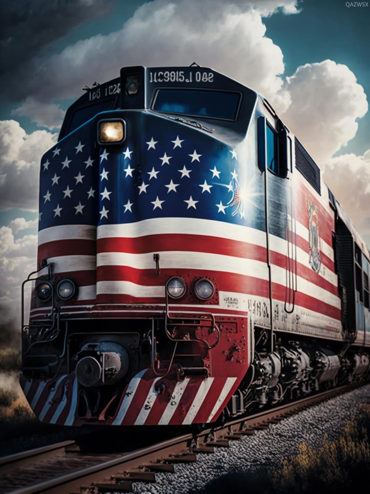 QAZWSX Train American Flag Diamond Painting Kits for Adults, DIY 5D Flag Diamond Art Full Drill for Adult, for Beginner Home Wall Decor Gift 12x16 Inch QAZWSX