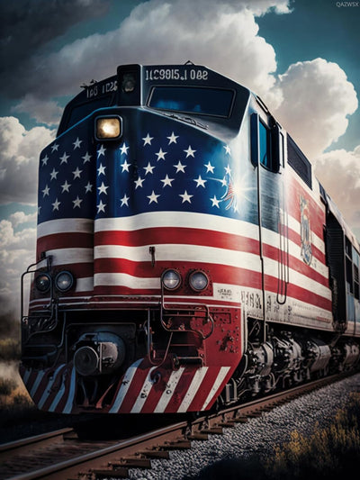 QAZWSX Train American Flag Diamond Painting Kits for Adults, DIY 5D Flag Diamond Art Full Drill for Adult, for Beginner Home Wall Decor Gift 12x16 Inch