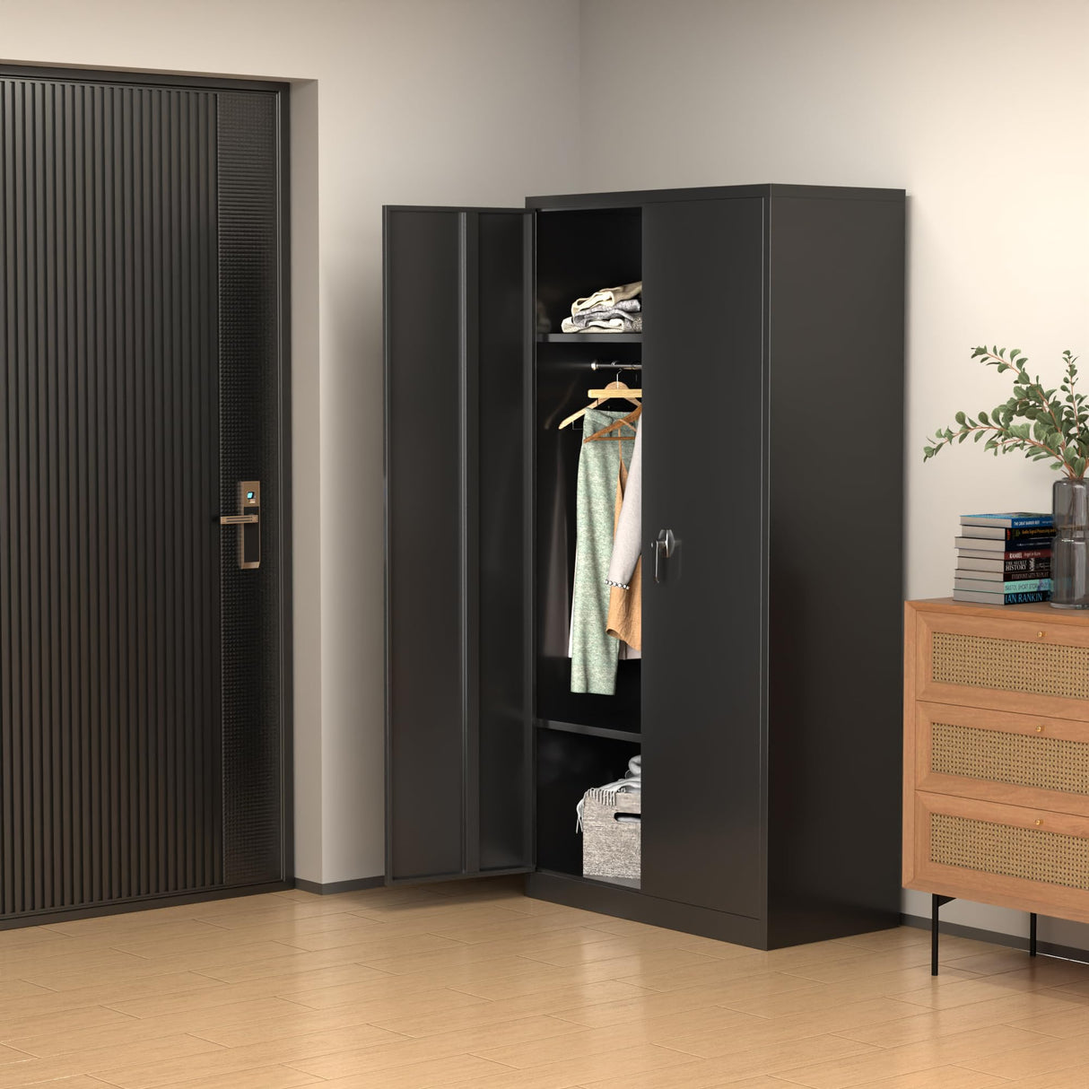 Aobabo Large Metal Wardrobe Style Storage Cabinet with Adjustable Shelf, Cloth Rail, and Lockable Doors for Home Organization, Black Aobabo