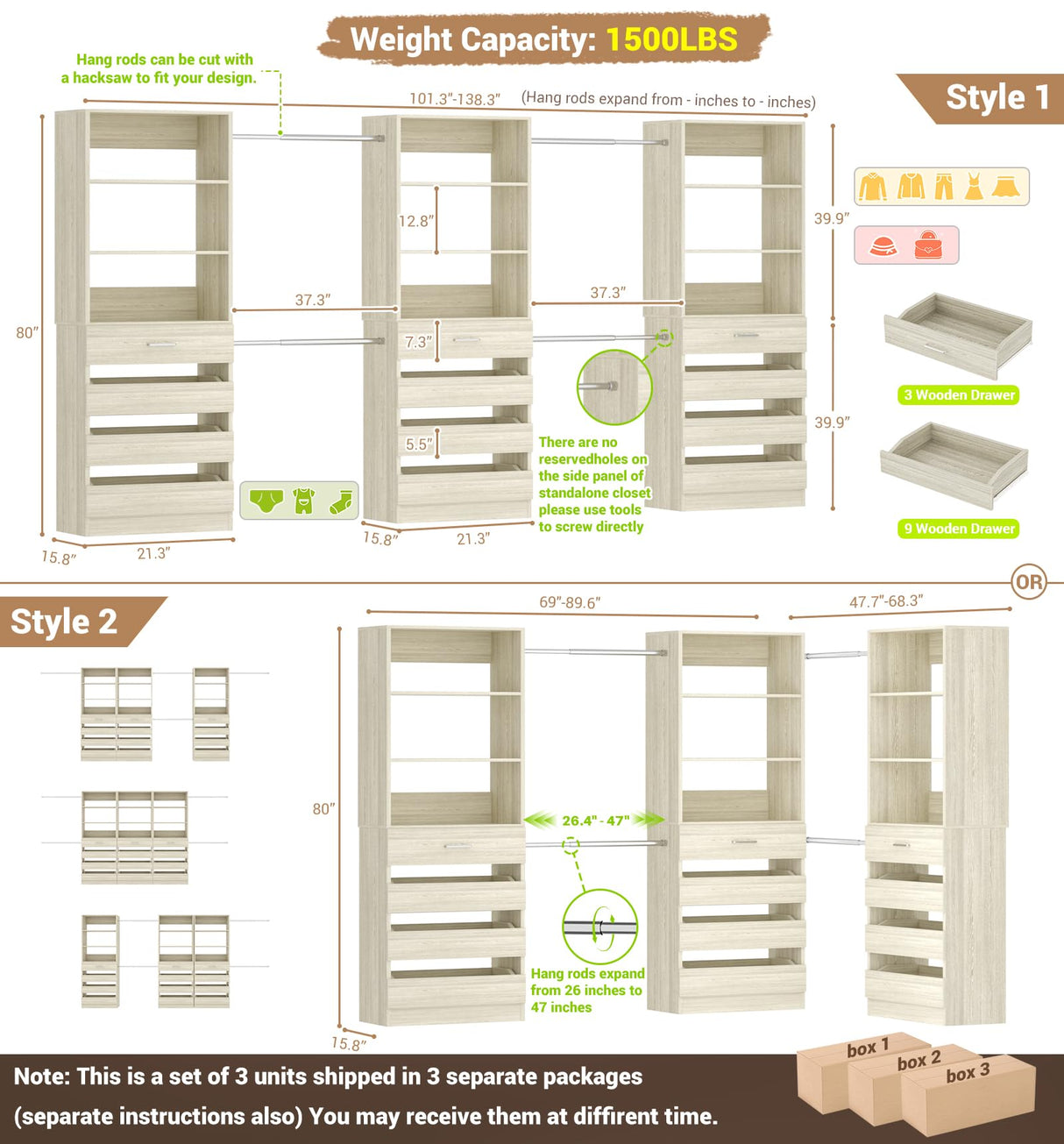 Aheaplus Closet System with 12 Drawers, 8.5-11.5Ft Wood Closet Organizer System with 4 Hanging Rods & 3 Towers, 4Ft & 6Ft L-Shaped Walk-in Closets Wardrobe Organizer Clothes Rack, Set of 3, White Oak Aheaplus