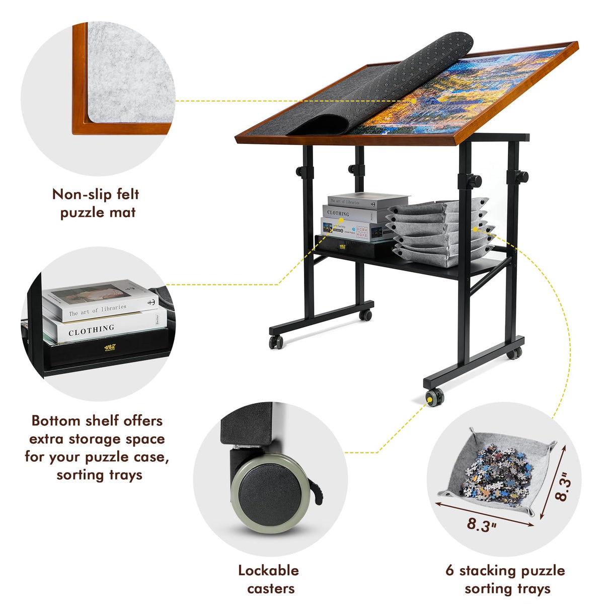 Sunix 1500 Pieces Jigsaw Puzzle Table with Legs, 36"x26" Adjustable Height Puzzle Board with Cover & 6 Sorter Tray, 12-Tilting-Angle Portable Wooden Puzzle Table for Adults, Enclosed with Wheels Sunix
