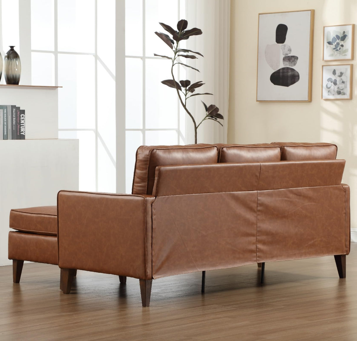 HAOMARKETS Faux Leather L Shaped Couch with Solid Wood Feet, 3-Seater Sofa with Reversible Chaise for Apartment, Sectional Couches for Living Room, Brown HAOMARKETS