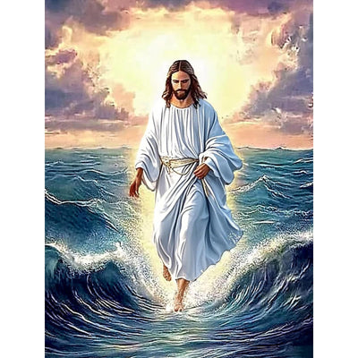 DIYDECORFUN Jesus Walk On Sea Diamond Painting Kits for Adults, 5D Jesus Christ Diamond Art Kits, Full Round Diamond Dots Painting with Numbers,Religious Christmas Beads Gem Art for Decor12x16Inches