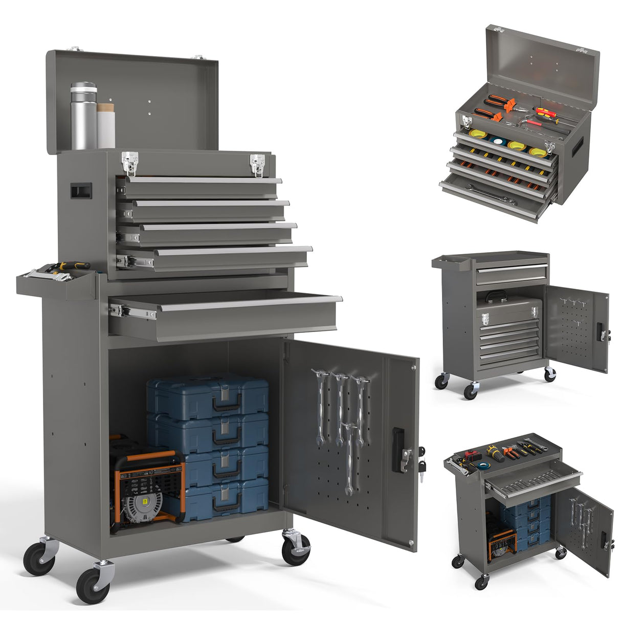 5-Drawers Gray Tool Chest, 2-in-1 Mechanic Rolling Tool Box Removable Lockable Tool Storage Cabinet, Metal Tool Cart with Drawers and Wheels for Garage, Workshop CMFYDAILY