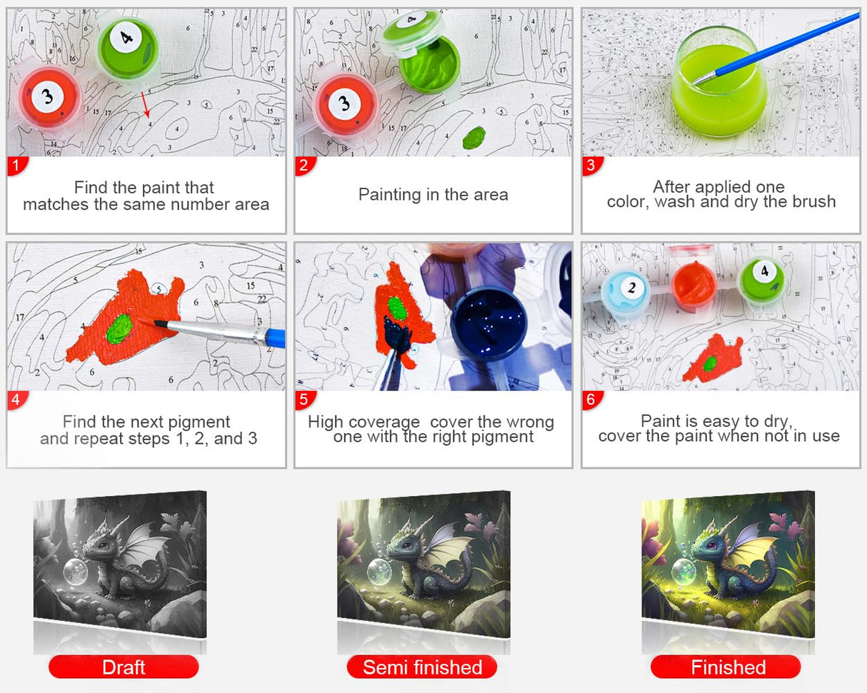 TUMOVO Paint by Numbers Cute Little Dragon DIY Paint by Numbers Kit for Adults and Kids DIY Canvas Painting by Numbers Watercolor Oil Painting Acrylic Painting Arts and Craft 16x20 Inch TUMOVO