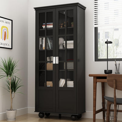 Hitow Black Tall Bookshelf with Glass Doors – 5-Tier Adjustable Wooden Display Cabinet for Home Office and Living Room