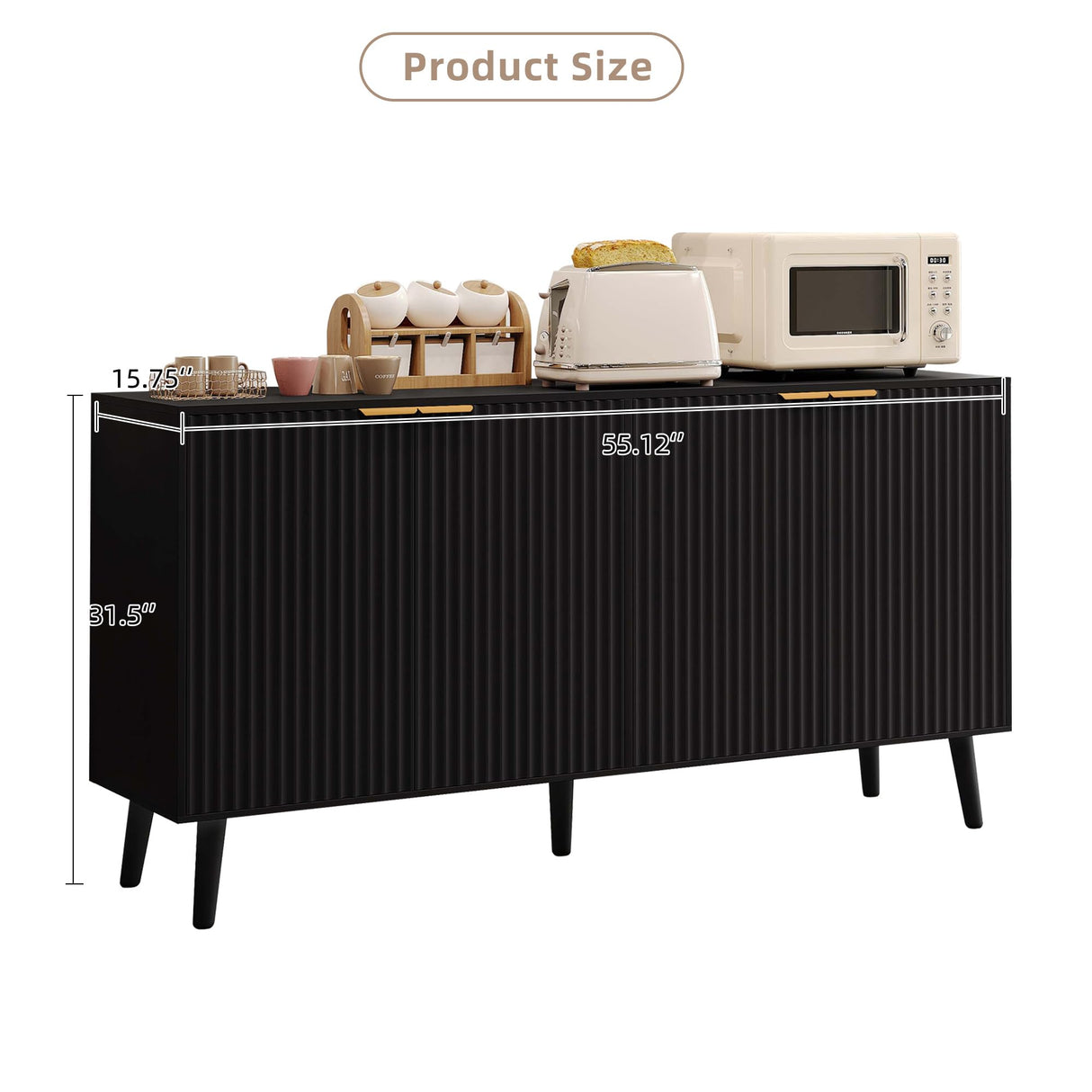 Luoxiao Modern Scandinavian Fluted Black Sideboard Buffet Cabinet with Adjustable Shelves Luoxiao