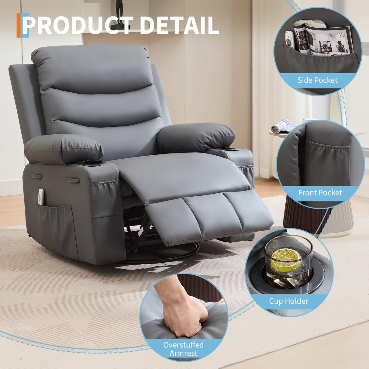 Leather Recliner Chair Nursery, Oversized Manual Reclining Rocking Chair, 360 Swivel Glider with Cup Holder, Massage and Heat Recliner, Small Sofa Chairs for Adults, Living Room, RV, Bedroom, Gray PeacefulHues