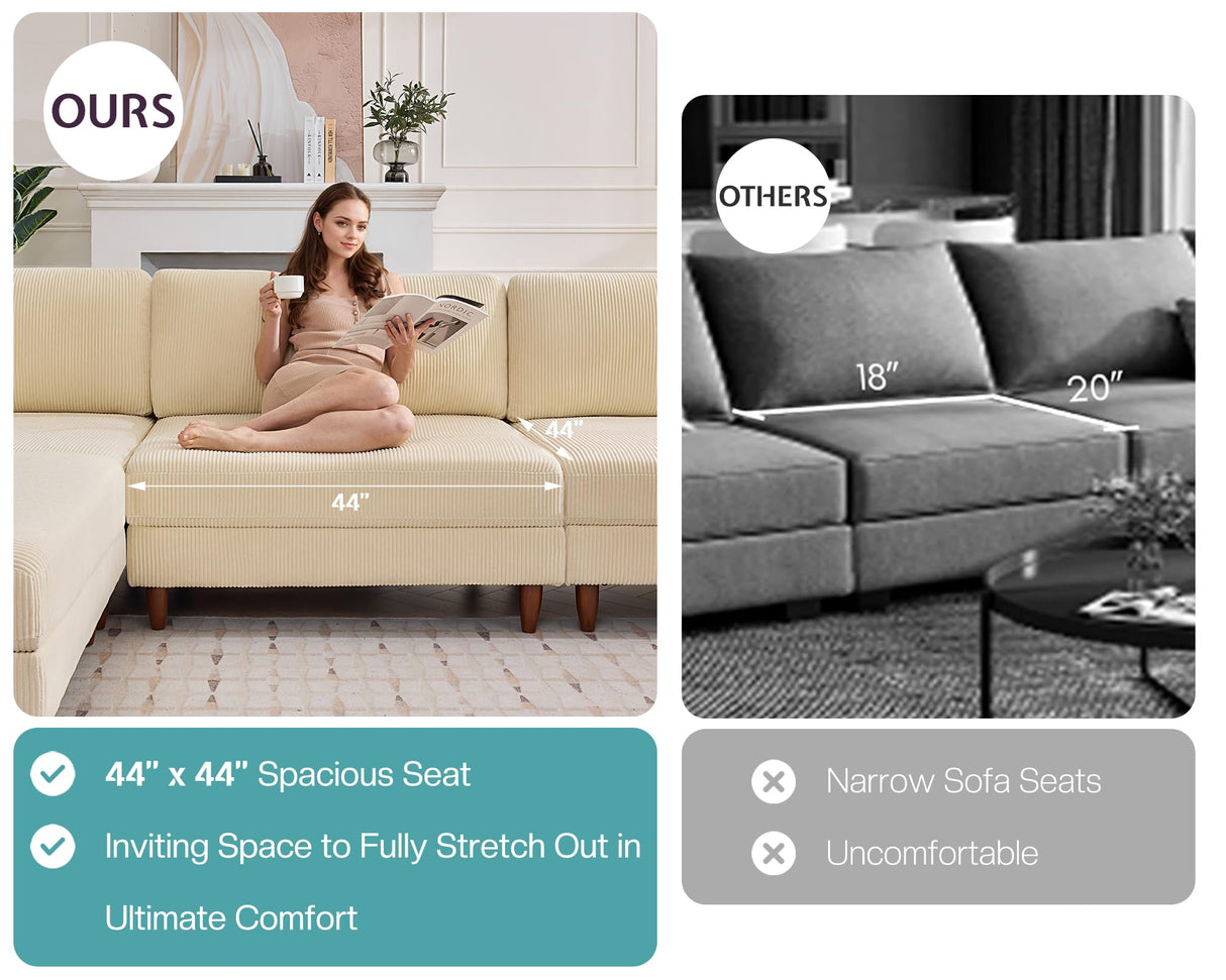 Jocisland Modular Sectional Sofa with 44" Extra Deep Seat,Oversized 6-Seater Modular Sofa for Plus-Size & Big Families, Sectional Couch for Living Room, Easy Assembly, Beige Corduroy Jocisland