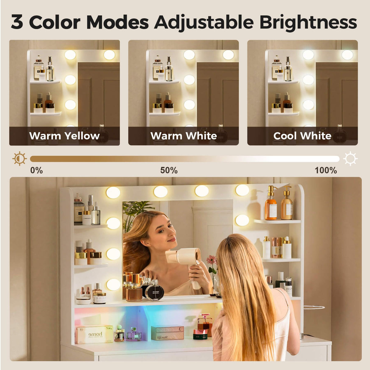 COMHOMA Vanity Desk with Lighted Mirror and Power Outlet, RGB LED Lights Makeup Vanity Set for Girls, Large Storage Capacity Dressing Table for Bedroom, 3 Lighting Modes Adjustable Brightness, White COMHOMA