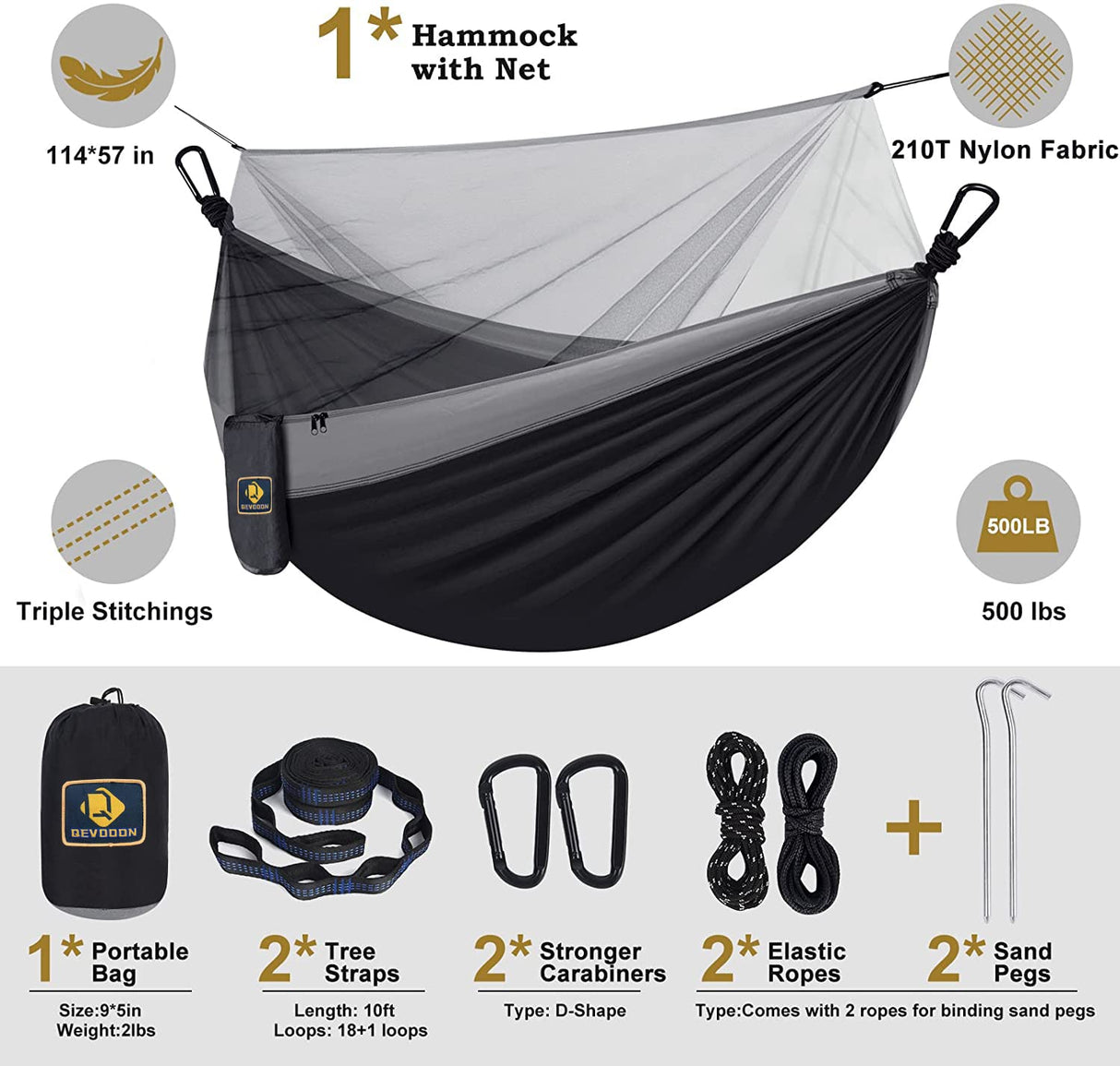 Qevooon Camping Hammock with Net,Travel Portable Lightweight Hammocks with Tree Straps and Solid D-Shape Carabiners,Parachute Nylon Hammock for Outsides Backpacking Beach Backyard Patio Hiking Qevooon