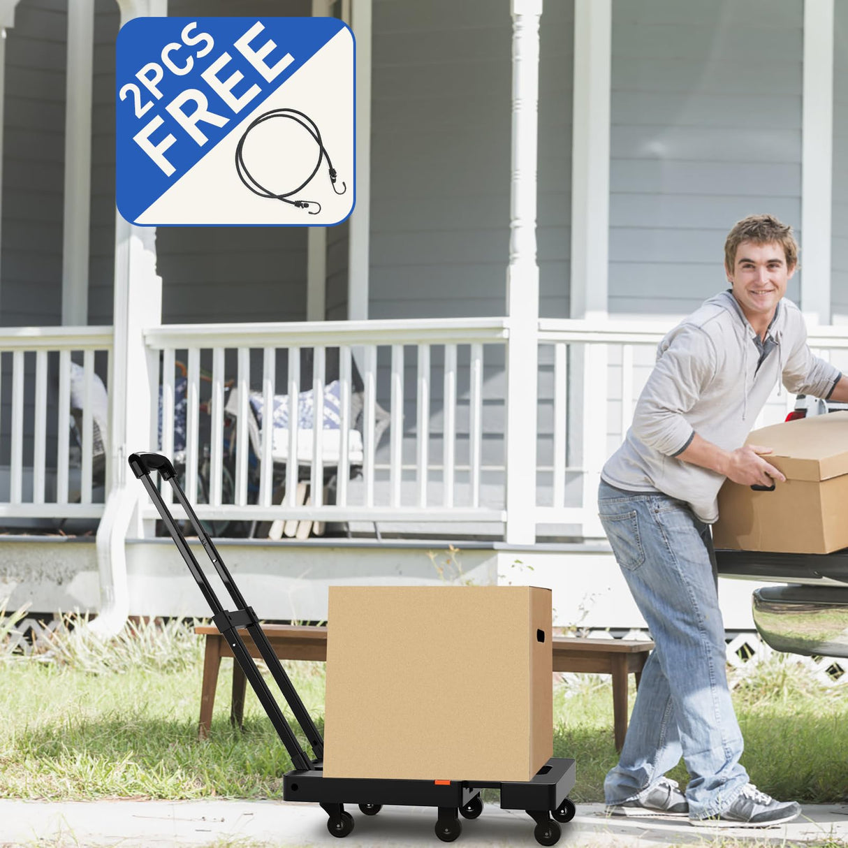 SPACEKEEPER Folding Hand Truck, 500 LB Heavy Duty Luggage Cart, Utility Dolly Platform Cart with 6 Wheels & 2 Elastic Ropes for Luggage, Travel, Moving, Shopping, Office Use, Black SPACEKEEPER