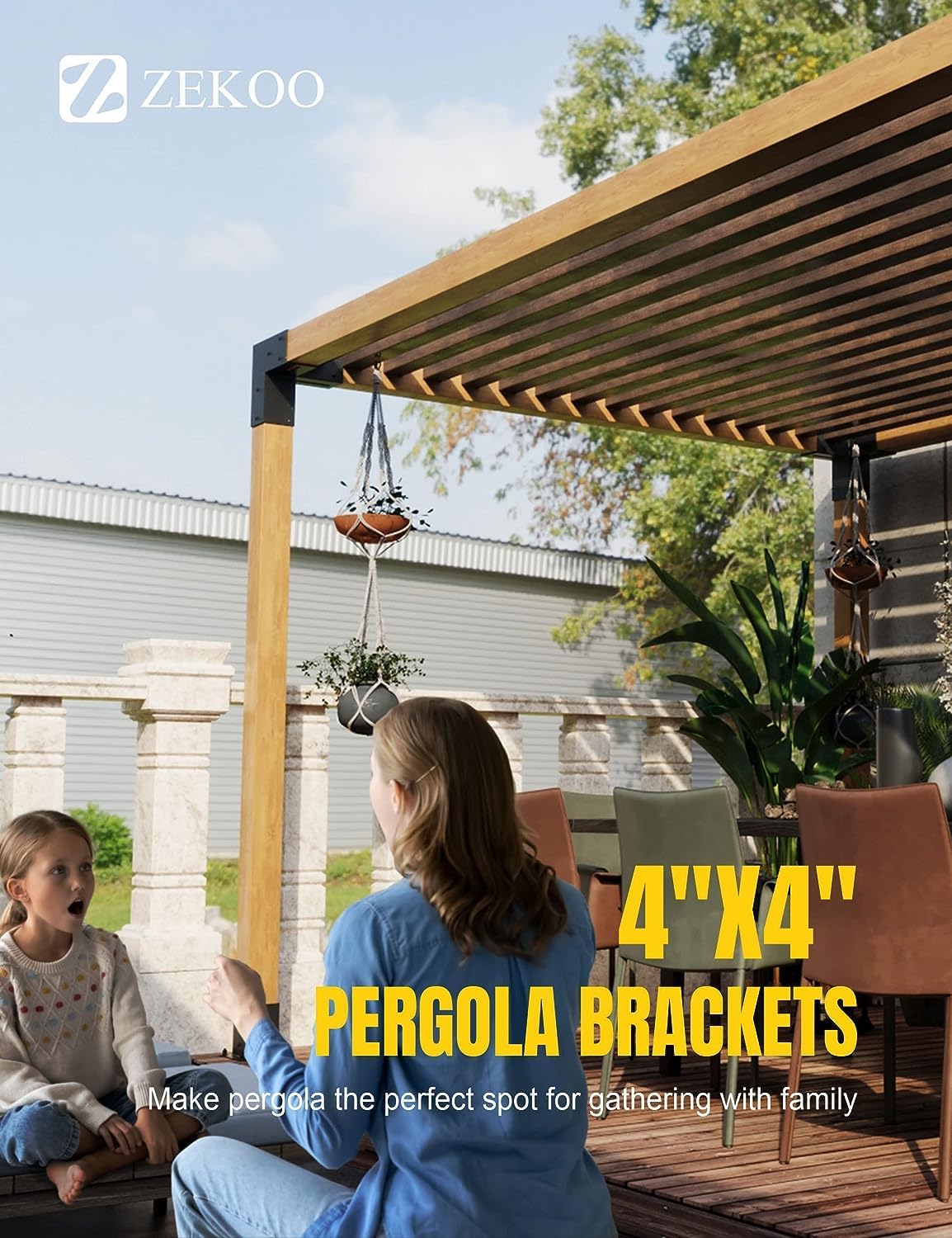ZEKOO Pergola Brackets Kit 4x4 Gazebo Brackets Heavy Duty Black Powder-Coated 3-Way Right Angle Corner Brackets with Post Bases Pergola kit for Outdoor Pergola Gazebo Patio Garden ZEKOO