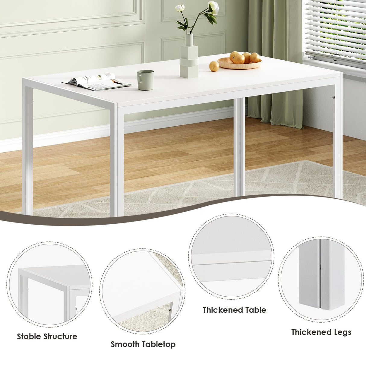 Farini White Dining Table for 4-6 Person,47" Rectangular Wooden Dining Table Top and Metal Frame for Home Kitchen Dining Desk (47 inch,White) Farini