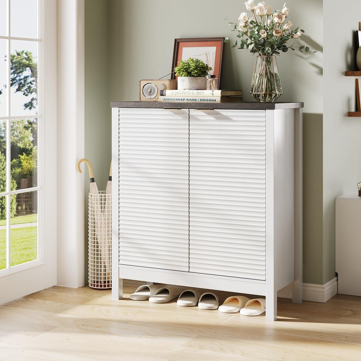 Maupvit 5-Tier Shoe Cabinet with Fluted Doors, Farmhouse Storage Cabinet with Adjustable Shelves, Wooden Shoe Rack Organizer Cabinet for Entryway, Foyer, Hallway, Living Room, White Maupvit