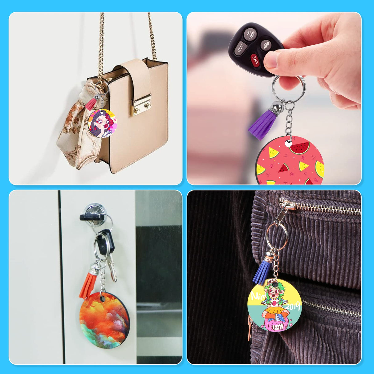 HTVRONT Sublimation Keychain Blanks Bulk - 120Pcs Sublimation Blanks Keychain with Blue Protective Film - MDF Round Keychain with Tassels - Heat Transfer Keychain Blanks Double Sided HTVRONT