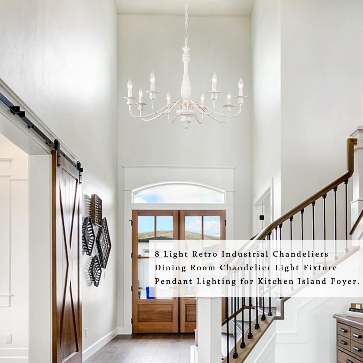 MRHYSWD Distressed White French Country Chandelier 8 Lights Rustic Farmhouse Chandelier for Dining Room Light Fixture Candle Pendant Lights Handmade Wood Chandeliers for Living Room Bedrooms Kitchen MRHYSWD