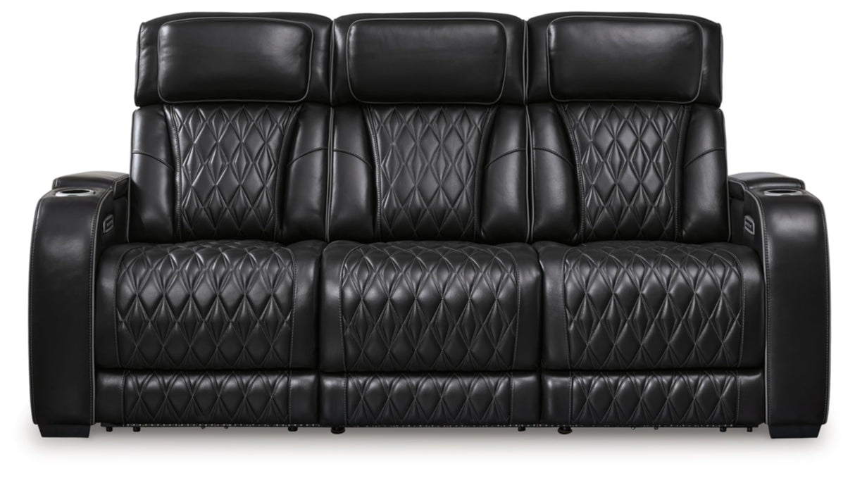 Signature Design by Ashley Boyington Contemporary Leather Match Power Reclining Sofa with Adjustable Headrest, Cup Holder, USB Charging Ports, Air Massage System and LED Lighting, Black Signature Design by Ashley
