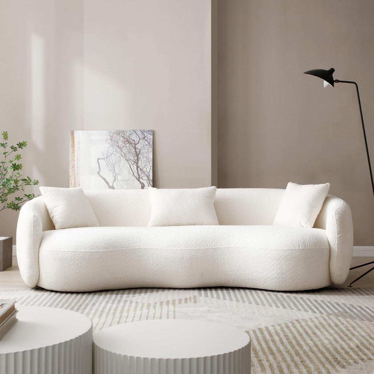 mr.waiba 94” Modern Elegant Curved Sofa Mid-Century Luxury Style Curved Back Comfortable Boucle Curved Sofa for Bedroom, Office, Apartment 4 Seater Fabric Sofa (Beige White) mr.waiba