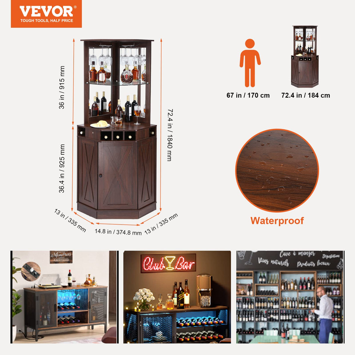VEVOR Corner Industrial Bar Cabinet, Wine Table for Liquor & Glasses, Sideboard Buffet Cabinet with Glass Holder, Freestanding Farmhouse Wood Coffee Bar Cabinet for Living Room, Home Bar, Black Walnut VEVOR