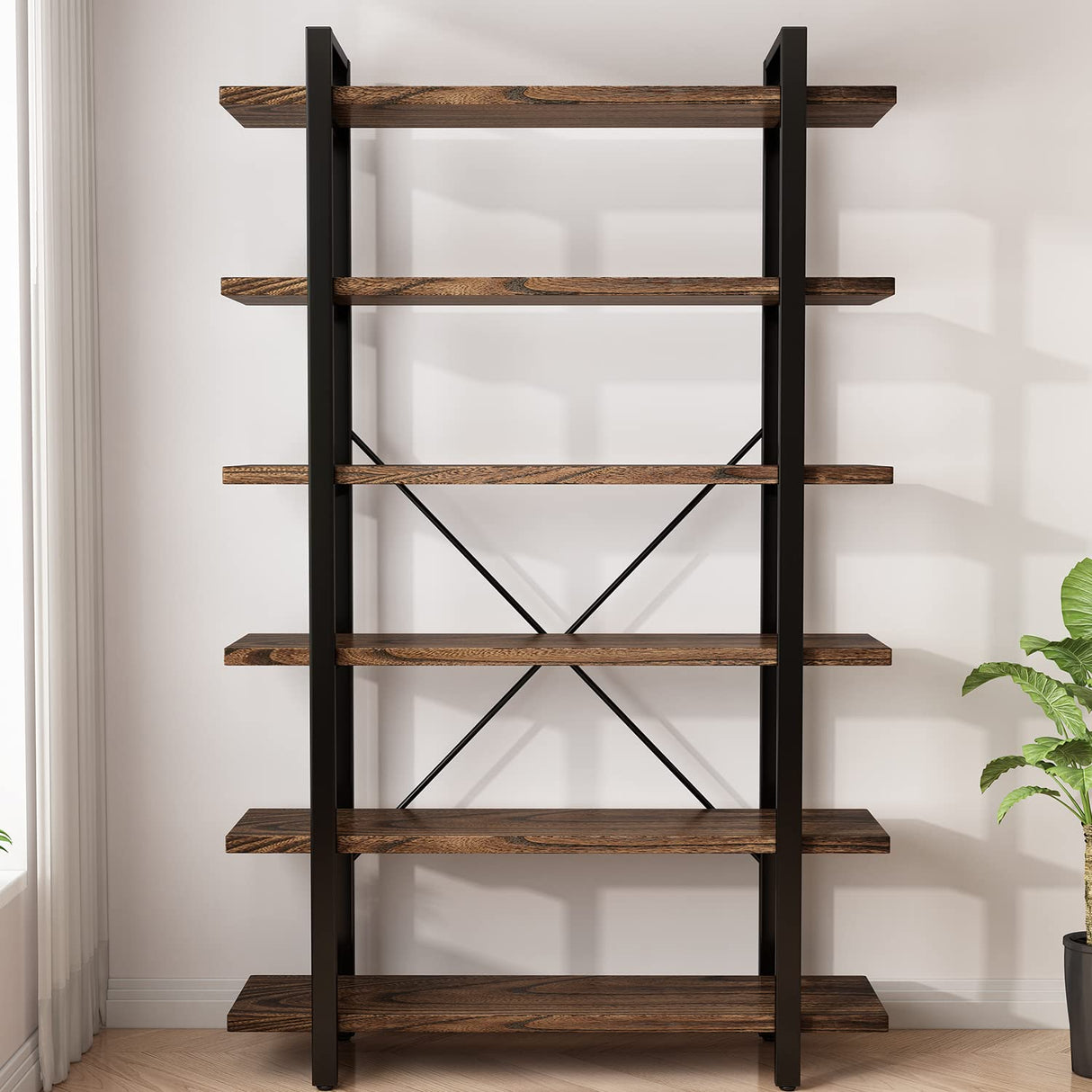 AY-AOYUAN Solid Wood Bookcase and Book Shelves Wood and Metal Shelving Unit 5 Tier Bookshelf Modern Rustic Open Bookshelf Office,Distressed Brown (AY-02-6Tier) AY-AOYUAN