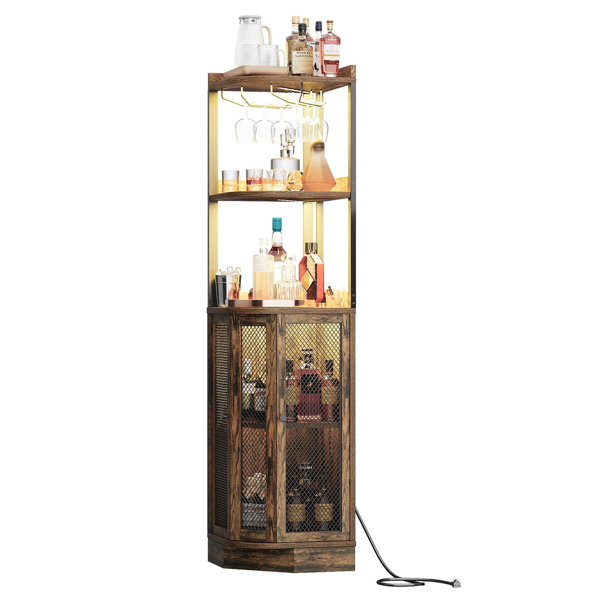 EOYUTLLY Corner Bar Cabinet With Power Outlet and LED Strip, 65" H 5-Tier Liquor Wine Display for Home, Storage Solution for Living Room, Kitchen, Home Bar, Brown EOYUTLLY